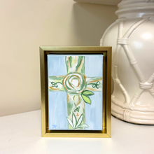 Load image into Gallery viewer, Religious wall decor featuring hand painted floral cross with soft blue and green botanical accents