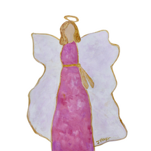 Load image into Gallery viewer, Free standing Pink Angel Acrylic Block cut out. This preppy pink angel has a gold sash, white wings, a gold halo, and golden hair. She is outlined with a gold border.