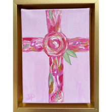 Load image into Gallery viewer, Original pink floral Christian cross painting on canvas in gold float frame for nursery or feminine Christian home decor