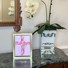 Load image into Gallery viewer, Pink Christian cross shelf sitter with expressive floral brushwork and elegant gold frame