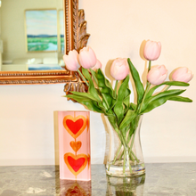Load image into Gallery viewer, Modern romantic home decor featuring pink, rose, and gold heart artwork displayed as a freestanding acrylic block shelf sitter, perfect gift for someone special.
