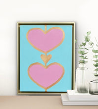 Load image into Gallery viewer, Colorful acrylic heart painting with pink, aqua, and gold tones for modern interiors.