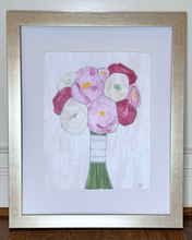 Load image into Gallery viewer, Framed original blush pink and white flower painting with deckled edge paper and champagne frame, elegant floral wall decor.