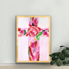 Load image into Gallery viewer, Colorful floral cross artwork displayed as Christian home decor in a contemporary impressionistic style.