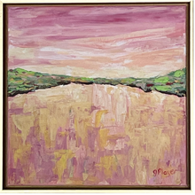 Load image into Gallery viewer, This is a square abstract expressionism painting. It is in a gold float frame. This pink landscape painting has a pink, orange and white sunset on the top that reflects the same colors at the bottom. It is divided by a green, brown, red, pink and gray landscape.