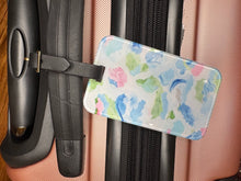 Load image into Gallery viewer, Cute pink travel bag tag for girls and women featuring modern abstract artwork and leather strap.