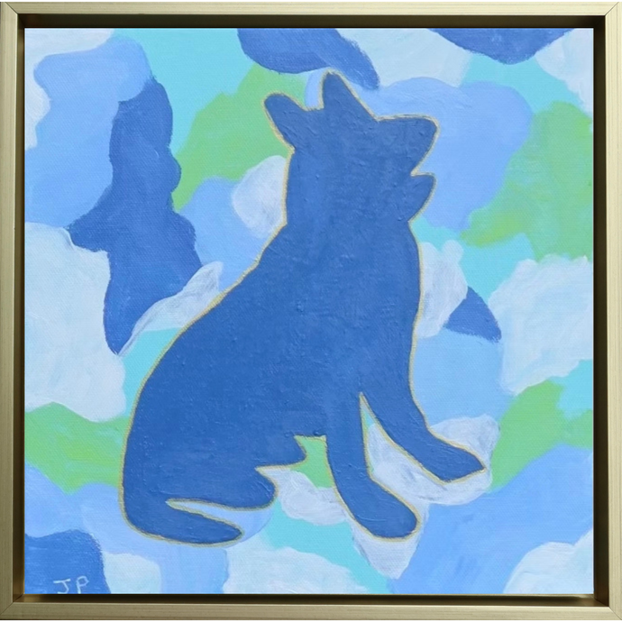 This is an abstract german shepherd painting on canvas.  It has shades of blue, green, white  and aqua in the background. The german shepherd dog silhouette is sitting and is blue with a gold outline. This square painting is in a gold float frame.
