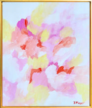 Load image into Gallery viewer, A colorful abstract painting on canvas. This artwork has shades of pink, fuchsia, yellow, coral, orange and white. It is a vertical painting in a gold float frame.