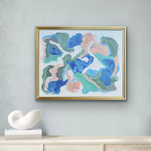 Load image into Gallery viewer, Reef original 16x20 abstract coastal painting by Jeanne Player featuring blue, green, peach, white and gray in a gold float frame.