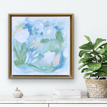 Load image into Gallery viewer, Original abstract coastal artwork in a gold float frame with soft pastel tones and expressive acrylic texture inspired by the ocean.