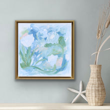 Load image into Gallery viewer, Textured coastal abstract painting titled Seaside Stillness featuring layered blue, green, blush pink, white, and gold brushstrokes on canvas.