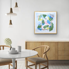 Load image into Gallery viewer, Colorful abstract giclée print featuring layered organic shapes in green, blue, blush pink, gold, and white tones.