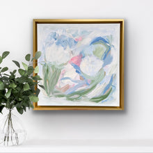 Load image into Gallery viewer, Soft Current by Jeanne Player, a framed pastel abstract floral painting with calming blue, green, blush pink, and white tones.