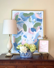 Load image into Gallery viewer, traditional Decorative vingnette with abstract art, lamp, and hydrangea arrangement in a chinoiserie cachepot with blush pink and white flower painting.