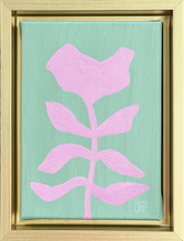 Load image into Gallery viewer, gold Framed artwork of a pink flower on a light green background