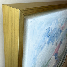 Load image into Gallery viewer, Grandmillennial style abstract floral painting with layered pastel tones and expressive texture displayed in a gold float frame.