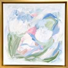 Load image into Gallery viewer, Soft Current original abstract floral painting with layered pastel brushstrokes in blue, green, blush pink, and white on canvas in a gold float frame.