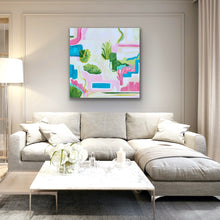 Load image into Gallery viewer, South Beach 40 x 40 inch original abstract artwork by Jeanne Player in blue, pink, green, white, and tan.