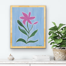 Load image into Gallery viewer, Stargazer lily art print featuring pink flowers, green leaves, and a soft blue background in a modern vertical floral composition.