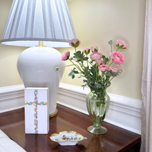 Load image into Gallery viewer, Textured Christian cross shelf sitter with layered acrylic paint and colorful floral details on a freestanding wood panel. Contemporary Christian tabletop artwork with sculptural texture and expressive floral painting details, perfect for styling shelves and mantels.