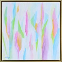 Load image into Gallery viewer, The Colors of Summer original abstract acrylic painting by Jeanne Player featuring colorful pink, yellow, blue, green and white brushstrokes on canvas