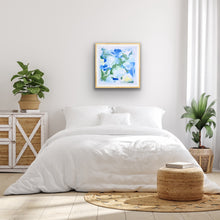 Load image into Gallery viewer, Square coastal giclée art print inspired by the ocean featuring soft blue and green abstract movement with touches of yellow and white.