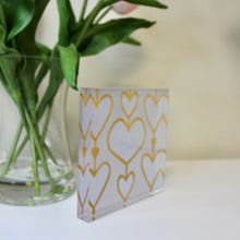 Load image into Gallery viewer, Contemporary heart art block featuring a neutral white and gold pop art design by Jeanne Player Fine Art, perfect for desks, bookshelves, bedrooms, and stylish home decor.