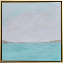 Load image into Gallery viewer, Conemporary painting on canvas. This sqaure abstract coastal painting has a mostly white top portion with teal waters underneath. Between the two sections are a tan, gray and green layer.
