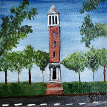 Load image into Gallery viewer, University of Alabama, Denny Chimes is a landmark on the campus quad. This belltower painting is an original small work of art. It is surrounded by trees and University Boulevard in front of the monument.