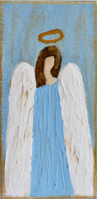 A vertical shelf sitter with an abstract angel painting. The angel is blue with with wings, brown hair and a gold halo. The background has shades of blue. The edge on the painting is outlined in gold.