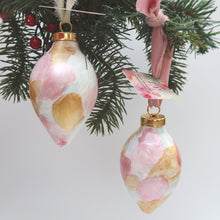 Load image into Gallery viewer, Original ceramic Christmas ornament in an elegant finial shape with pink and gold abstract painted design.
Hand-painted pink Christmas ornament with blush, rose, white, and gold colors ready to hang on a holiday tree.
