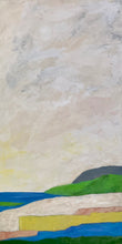 Load image into Gallery viewer, Seaside II, 15 x 30 x 1.5 - Jeanne Player Fine Art. This is a vertical abstract landscape painting. It has shades of green, blue, yellow, pink, gray and white.