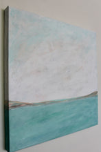 Load image into Gallery viewer, Blue and turquoise original abstract painting Line on the Horizon II by Jeanne Player with subtle tan, pink, white, and iridescent accents.