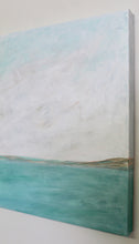 Load image into Gallery viewer, Line on the Horizon II framed coastal wall art with layered blue, turquoise, tan, pink, and white tones inspired by the horizon over calm water.