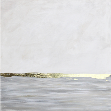 Load image into Gallery viewer, Framed abstract coastal landscape painting with muted gray-blue water, soft sky, and shimmering gold leaf horizon, perfect for modern coastal interiors.