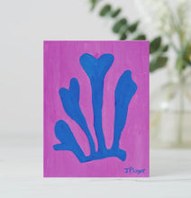 Load image into Gallery viewer, Colorful Matisse Inspired note Card with Blue Seaweed on fuschia. This is a colorful and fun stationery set. 
