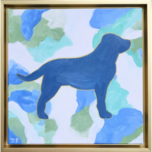 Load image into Gallery viewer, Labrador is a colorful Labrador Retriever silhouette painted blue with a gold outline on an abstract background. This background has shades of blue, green, aqua and white. It comes in a gold float frame. This is a square painting on canvas.
