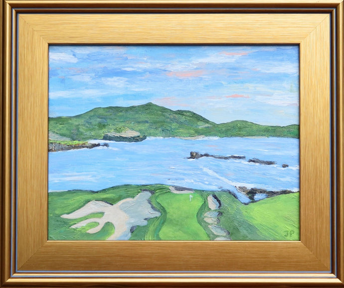 Pebble Beach is an abstract landscape on canvas. This painting is of the 17th hole at Pebble Beach with Stillwater Cove and  the Carmel Highlands in the background.This hole is an hourglass shape. It has colors of green, blue, tan, white, pink, and gray.