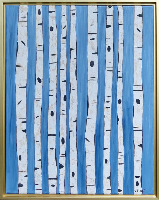 Modern Birch Tree mixed media artwork on canvas. There is a blue backround with white, tan, gray and black birch trees. This painting is in a gold float frame. It is a vertical painting.