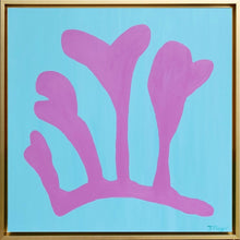 Load image into Gallery viewer, Pink Seaweed on Aqua is a vibrant and colorful work of art on canvas.  This botanical silhouette was inspired by Matisse&#39;s Cut out series. It is a modern and trending original piece of art. IIt measures 24 x 24 inches and comes in a thin gold float frame. 
