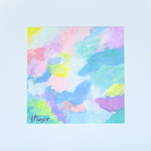 Load image into Gallery viewer, A new beginning abstract painting on paper. This colorful abstract has shades of pink, purple, blue, green, yellow and white. It is square and in a white mat.
