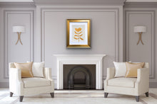 Load image into Gallery viewer, A gold botanical in a neutral off white room over a fireplace.

