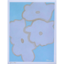 Load image into Gallery viewer, Bold floral art print on paper. This giclee print has three big white flowers with a tan border and a tan center on a light blue background. It is signed Jeanne Player on the front by the artist. 
