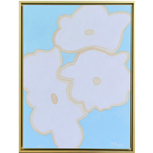 Load image into Gallery viewer, This is a bold and happy floral art design on canvas. This painting has white flower shapes with a tan border on a blue background. It is vertical painting on canvas in a gold float frame.
