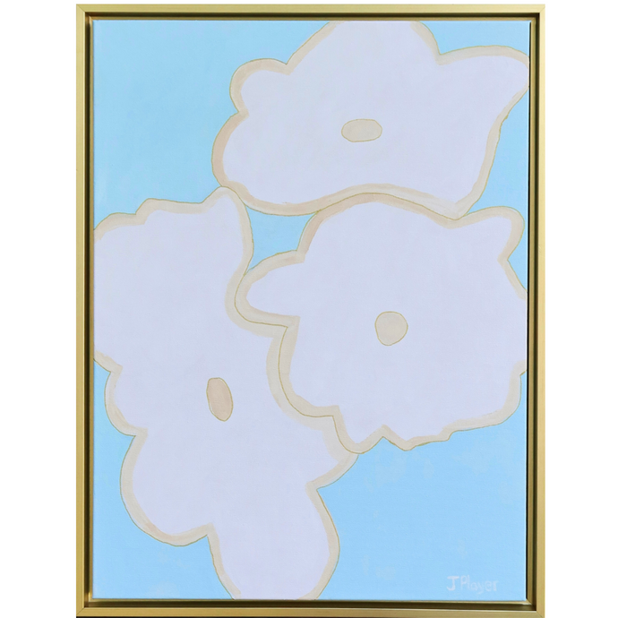 This is a bold and happy floral art design on canvas. This painting has white flower shapes with a tan border on a blue background. It is vertical painting on canvas in a gold float frame.