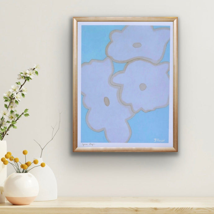 Anemone abstract floral giclée art print featuring soft shades of blue, white, tan, and gold with delicate brushstrokes, signed in gold ink by artist Jeanne Player. Modern and elegant wall art perfect for bedrooms, living rooms, nurseries, and dorm decor.