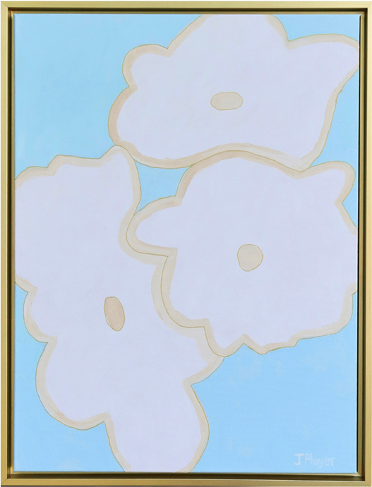 This is a bold and happy floral art design on canvas. This painting has white flower shapes with a tan border on a blue background. It is vertical painting on canvas in a gold float frame.