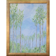 Load image into Gallery viewer,  Abstract Birch Tree Landscape Painting in a gold frame. This painting has a blue background with white clouds, gray birch trees, green leaves and green underbrush. signed by the artist J Player on the front.

