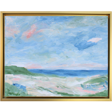 Load image into Gallery viewer,  A beautiful pastel colored seascape painting on canvas. This beach scene has shades of blue, green, white, coral, and pink. It comes in a horizontal gold float frame.
