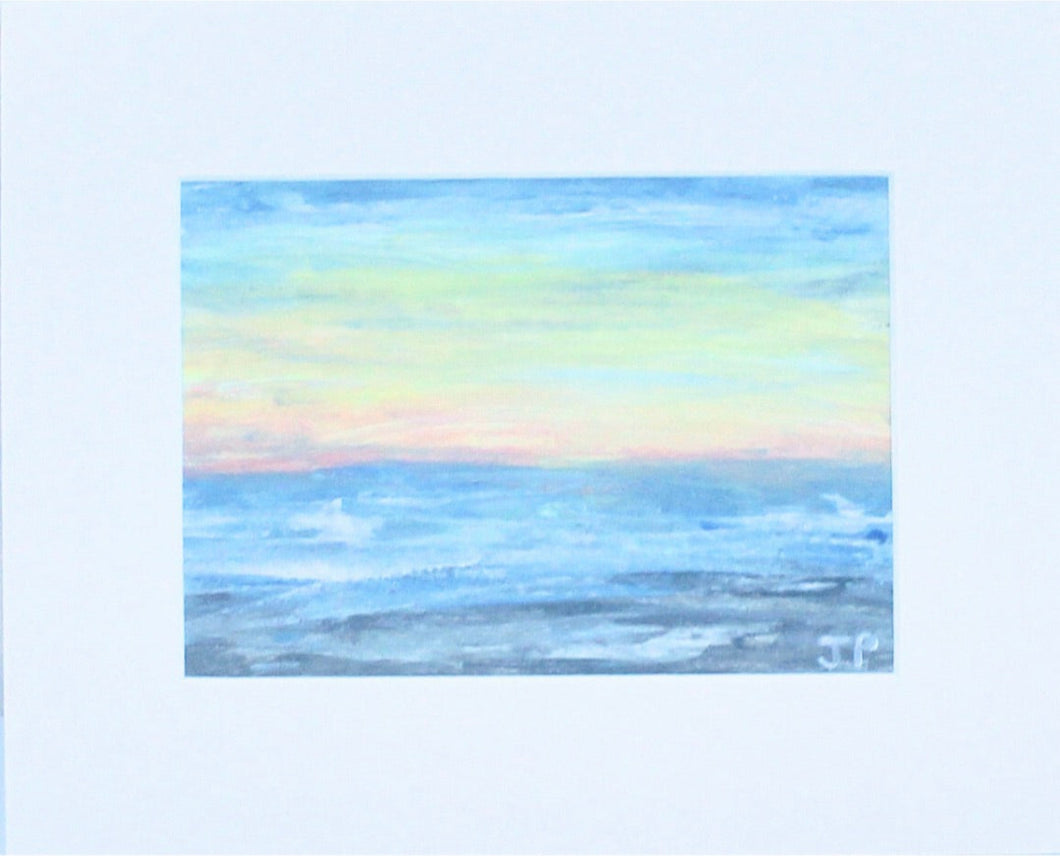 Beach Sunset is an abstract landscape painting on paper. This coastal inspired painting has shades of gray, blue, yellow, orange,  and white. It is in a white mat. It is a horizontal painting.